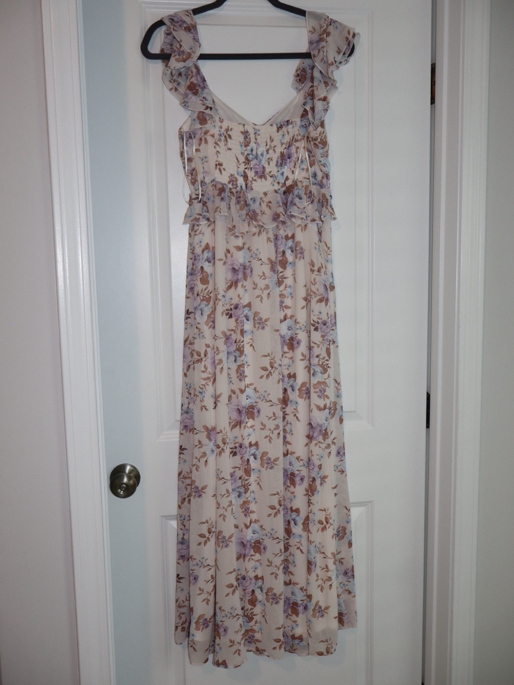 Francesca’s Cream Maxi Dress with Lavender and Brown Floral Print - Picture 2 of 4